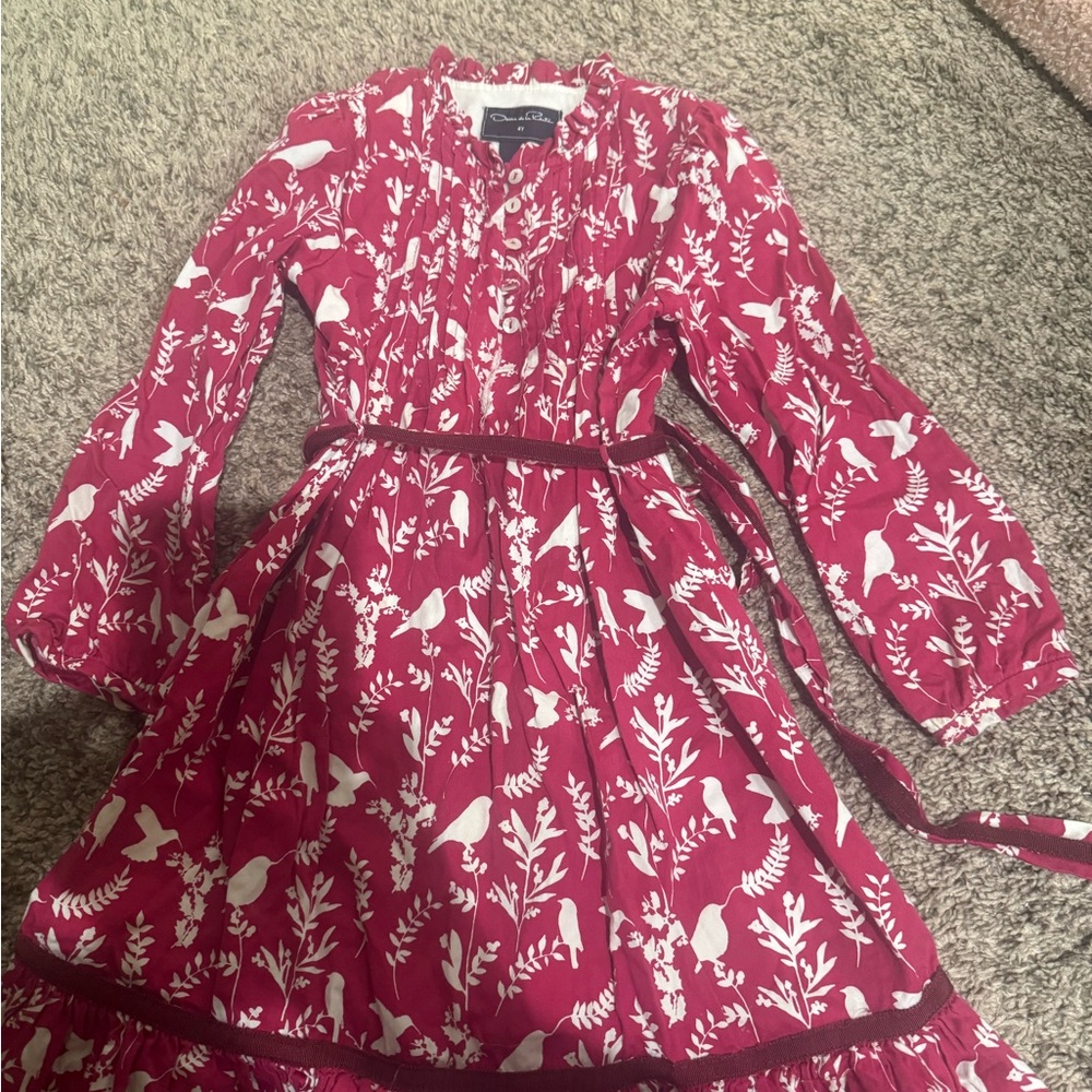 Oscar De La Renta Girls' Raspberry Floral Bird Print Dress size 4t